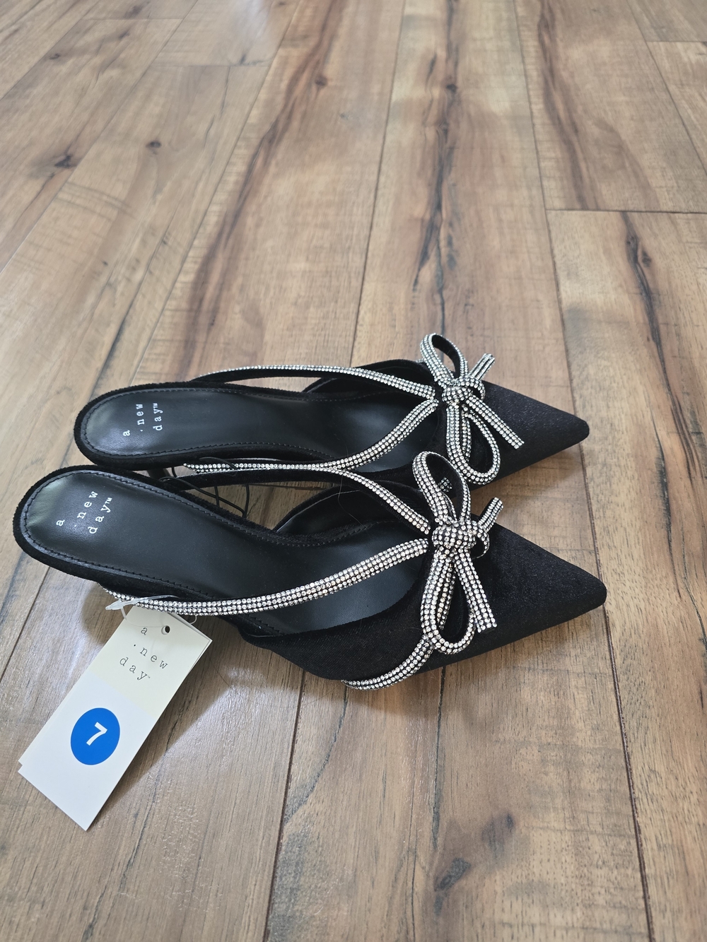a new day Black Pointed-Toe Rhinestone Bow Heels